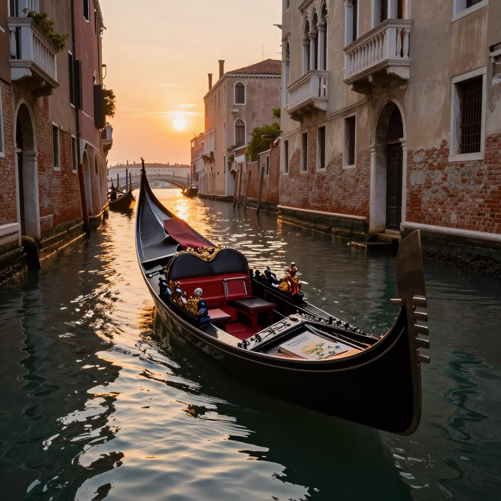 Venetian Golden Hour Canal Scene with Gondola and Paperbacks in in Venice, Italy