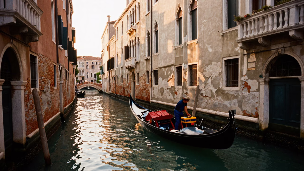 Venetian Golden Hour Canal Scene with Worker and Toolbox in in Venice, Italy