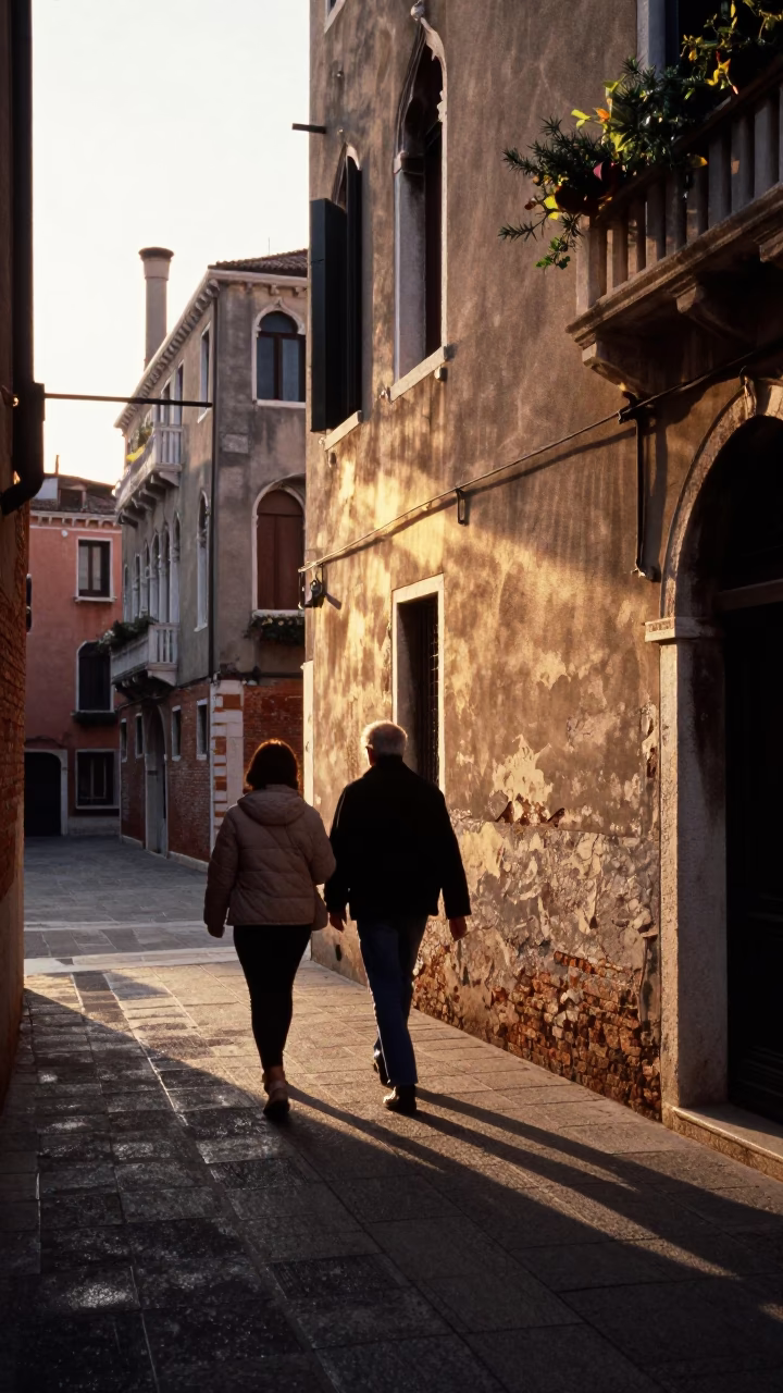 Venetian Golden Hour Street Scene with Condensation and Rosemary in Italy in in Venice, Italy