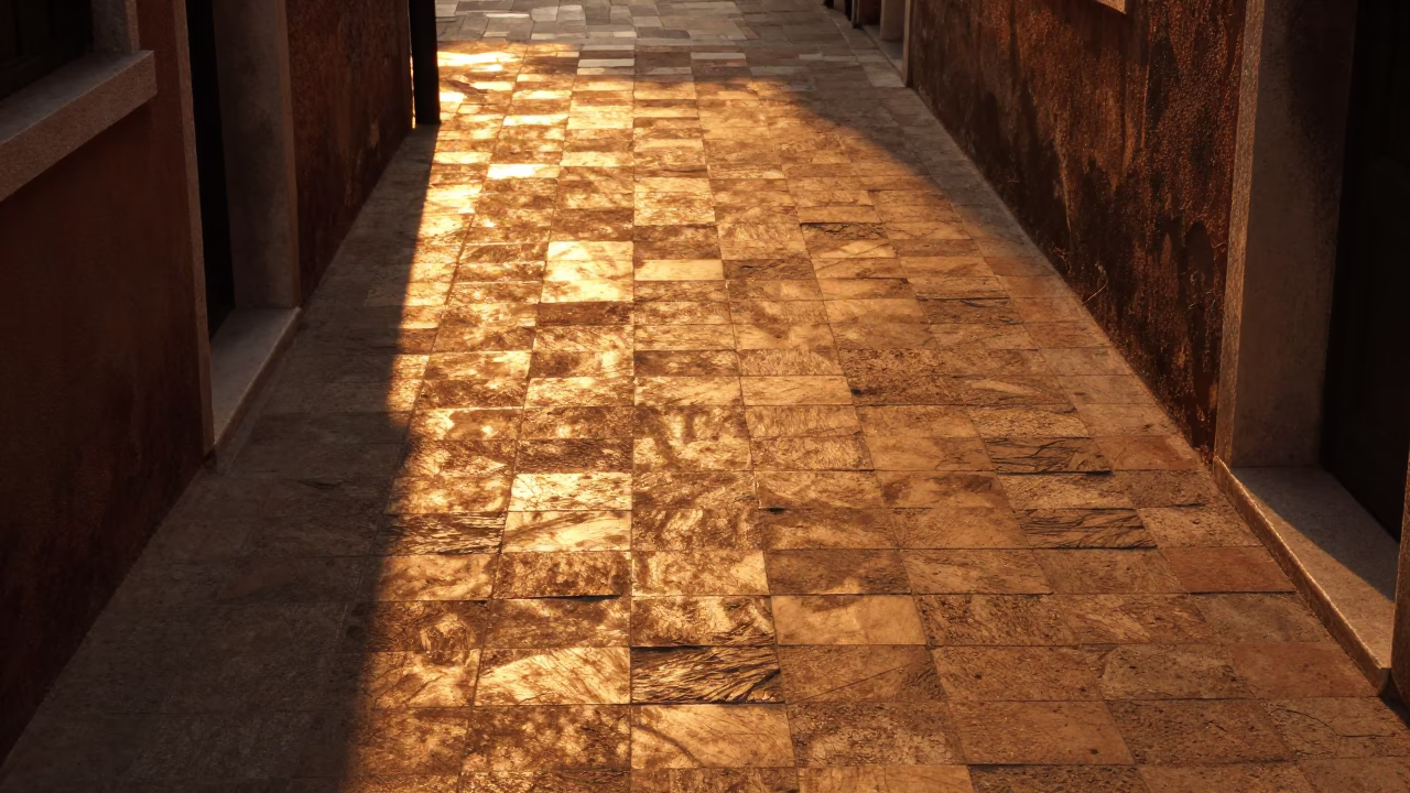 Venetian Golden Hour Sunlight Stripes on Historic Floor Tiles Near Canal in in Venice, Italy