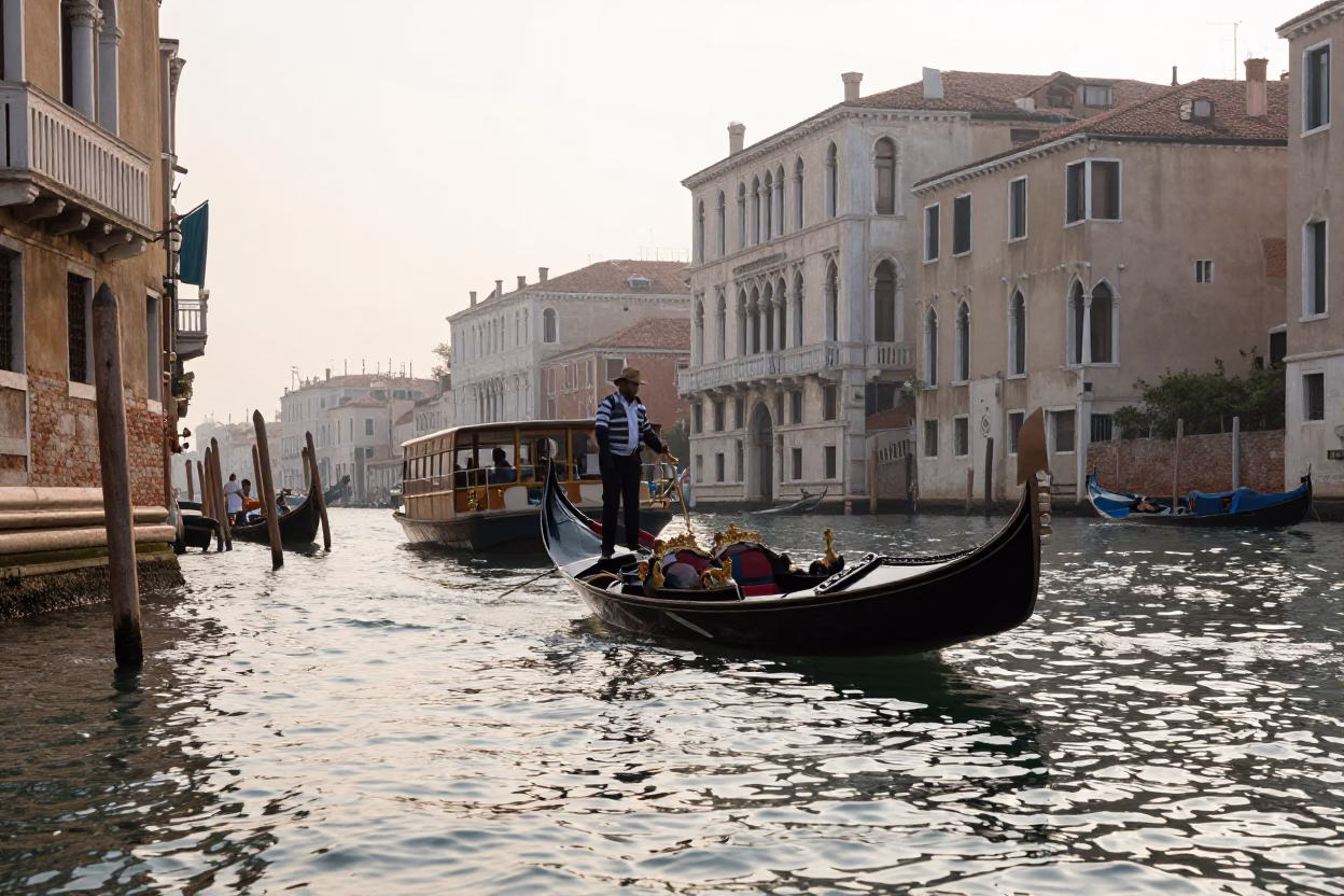 Venetian Gondola Ferrying Tourists Across Canals in Morning Light in in Venice, Italy