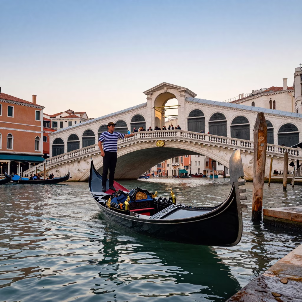 Venetian gondolier resting near Rialto Bridge with pocket sundial at sunrise in in Venice, Italy
