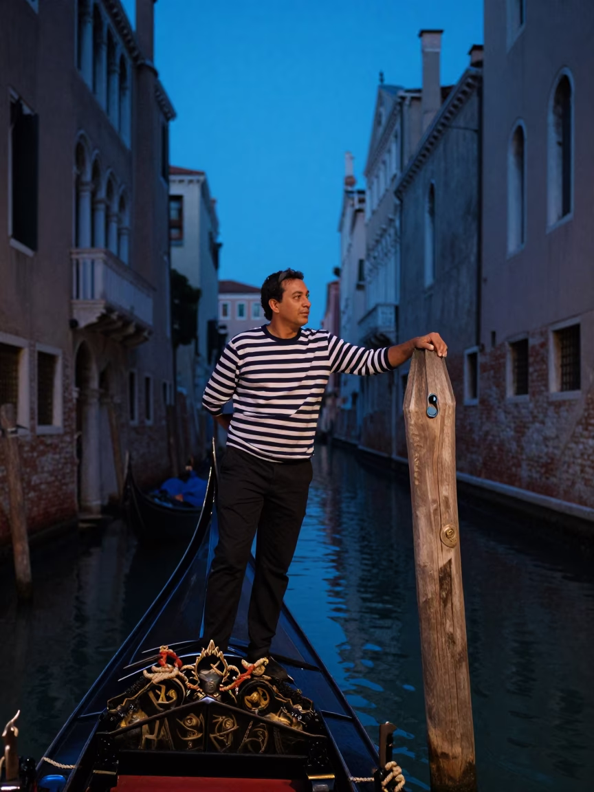 Venetian Gondolier Resting on Bridge at Twilight with Rope and Turnbuckle Details in in Venice, Italy