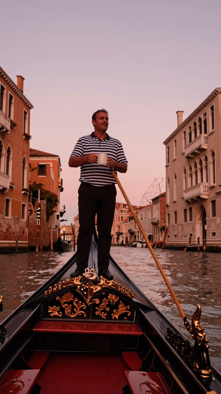 Venetian Gondolier Resting with Ceramic Mug Amidst Copper Dusk Light on Historic Canal in in Venice, Italy