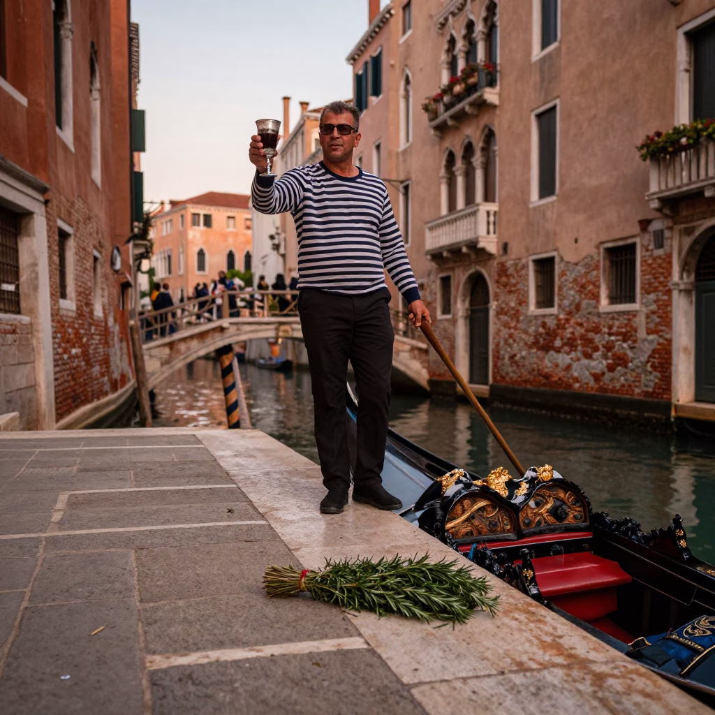 Venetian Gondolier Resting with Goblet and Rosemary Amidst Copper Dusk Light in in Venice, Italy