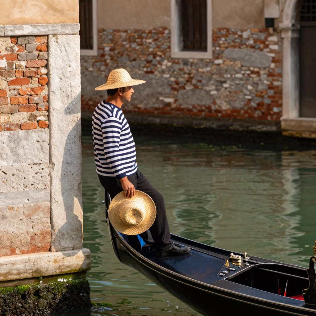 Venetian Gondolier Resting with Straw Hat Near Algae Stained Floodgate Chamber in Early Afternoon in in Venice, Italy