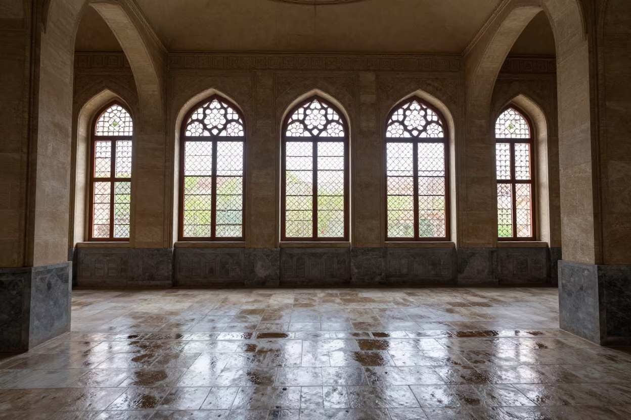 Venetian Gothic Arches in Kabul Atrium in inside a vaulted atrium in Kabul