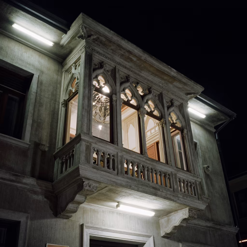 Venetian Gothic Balcony in Edirne Concrete Lobby in inside a ribbed concrete lobby in Edirne