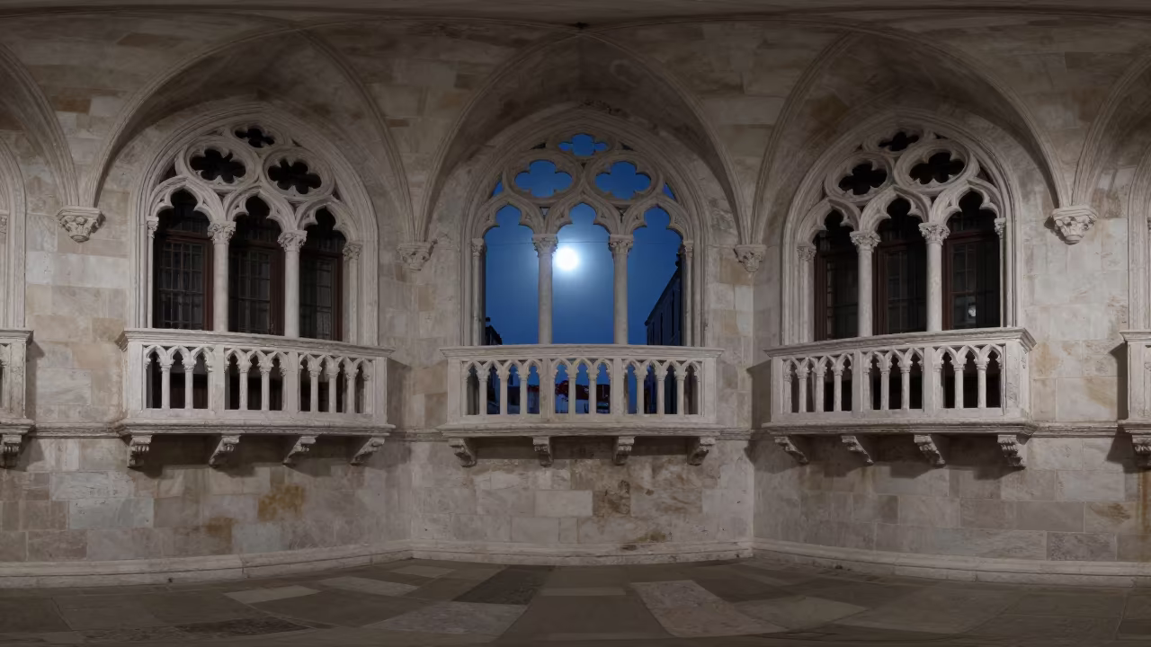 Venetian Gothic Balcony in Sao Luis Atrium in inside a vaulted atrium in Sao Luis