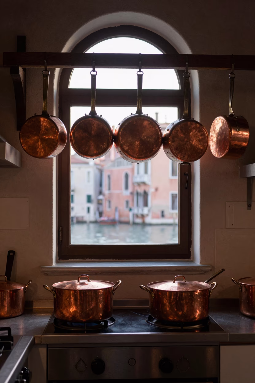 Venetian Kitchen Dawn Copper Pots and Ribollita Soup in Pre-Dawn Light in in Venice, Italy