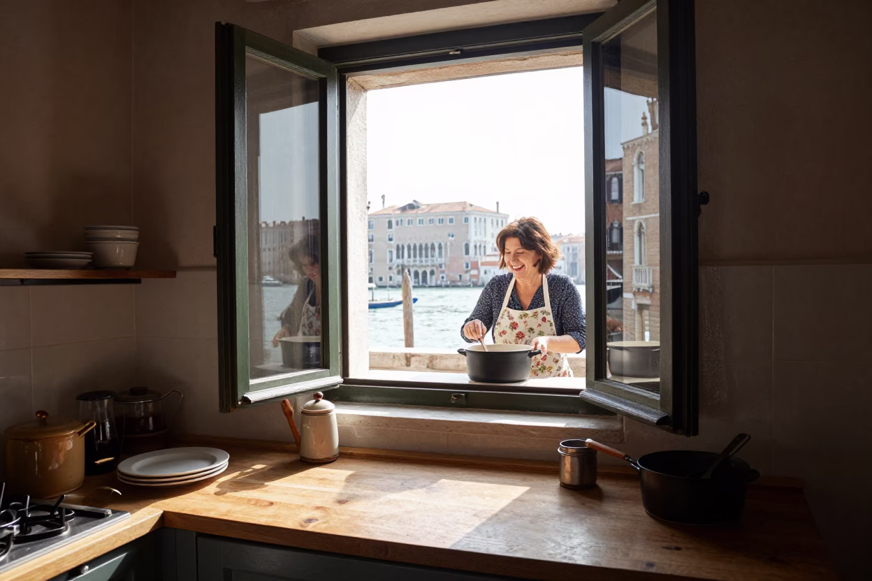 Venetian Kitchen Window Glazed Ceramic Reflects Morning Light in in Venice, Italy