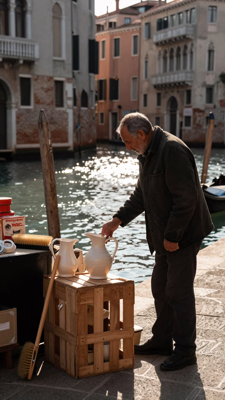Venetian Late Afternoon Street Scene with Ceramic Pitcher and Coat Brush in in Venice, Italy