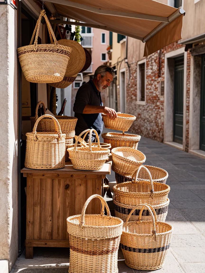 Venetian Market Stall Displaying Woven Baskets in Bright Midmorning Light in in Venice, Italy