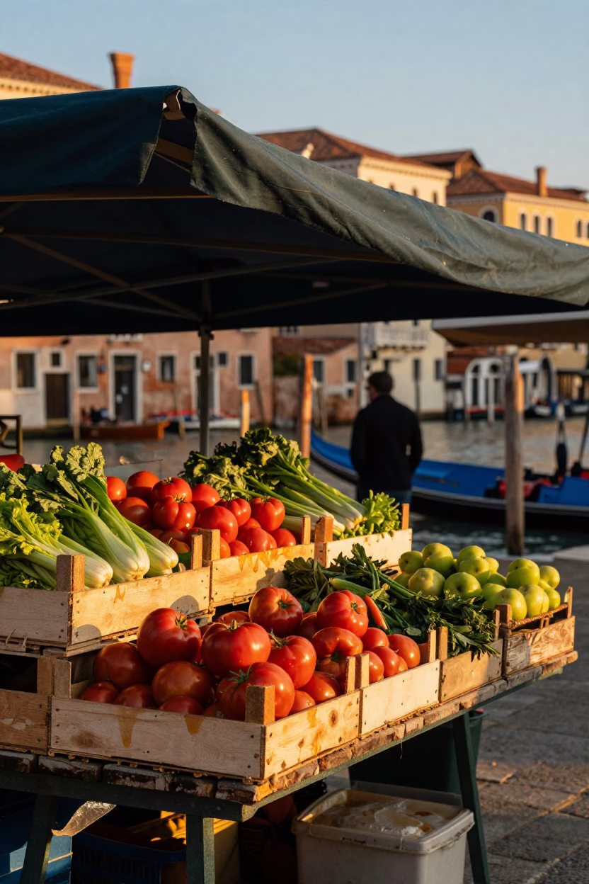Venetian Market Stall in Honeyed Evening Light with Wicker Shadows and Fruit Crates in in Venice, Italy