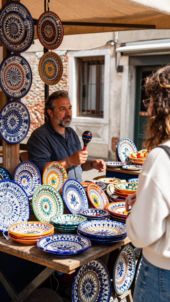 Venetian Market Stall with Majolica Plates and Local Artisans in Bright Midmorning Light in in Venice, Italy