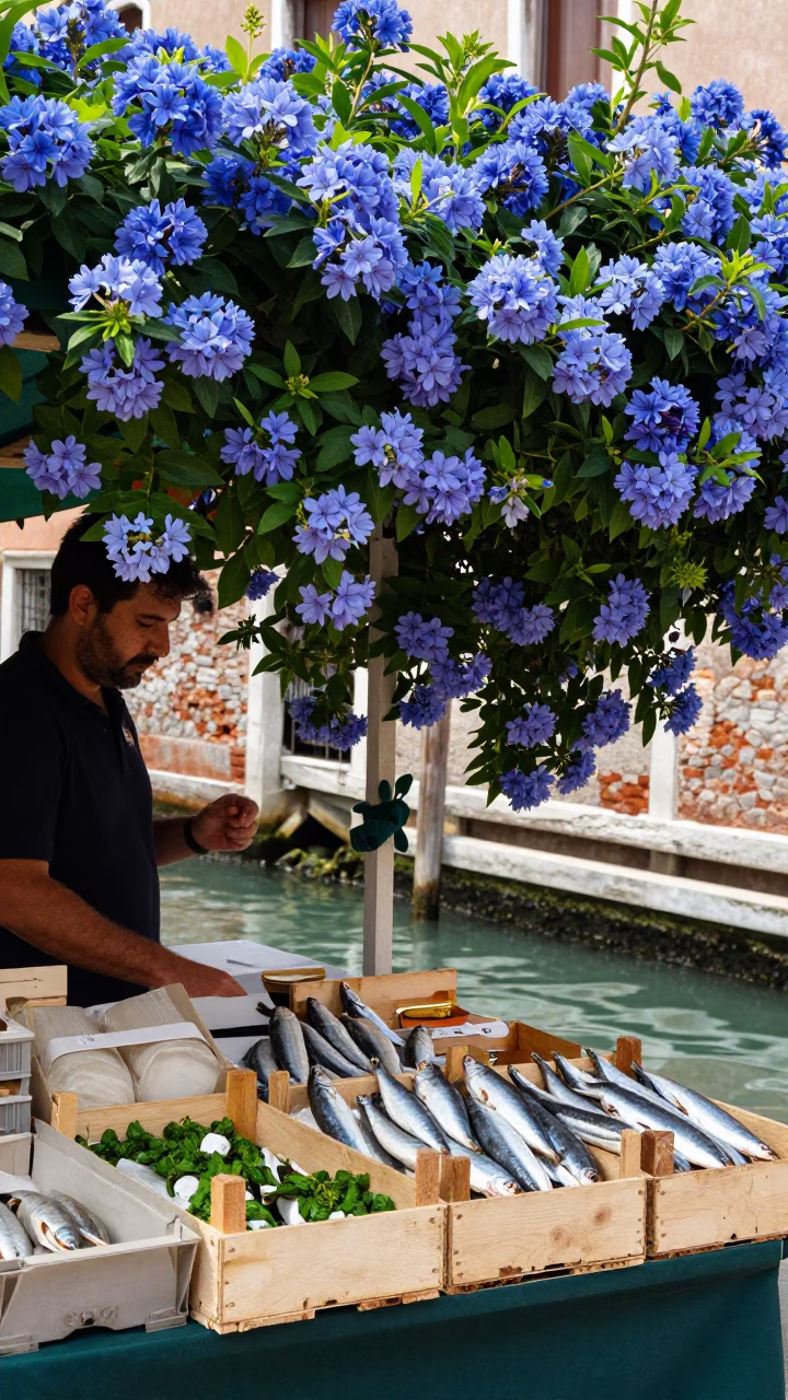 Venetian Market Stall with Plumbago Hedge and Sardines in Bright Midmorning Light in in Venice, Italy