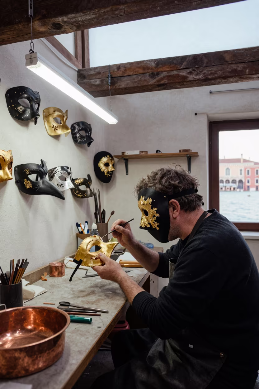 Venetian Mask Maker Gilding Plague Doctor Mask in Giudecca Studio in in a studio in Giudecca, Venice