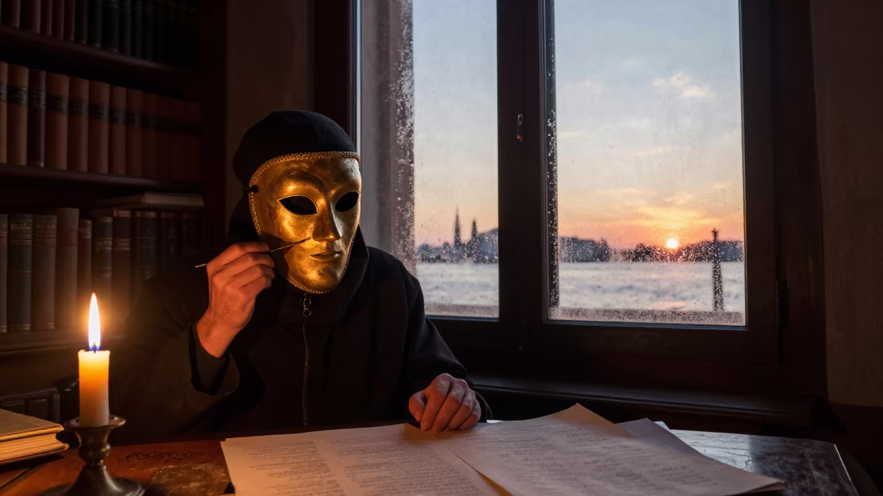 Venetian Mask Maker Gilds Plague Doctor in Library in in a library reading room in Venice