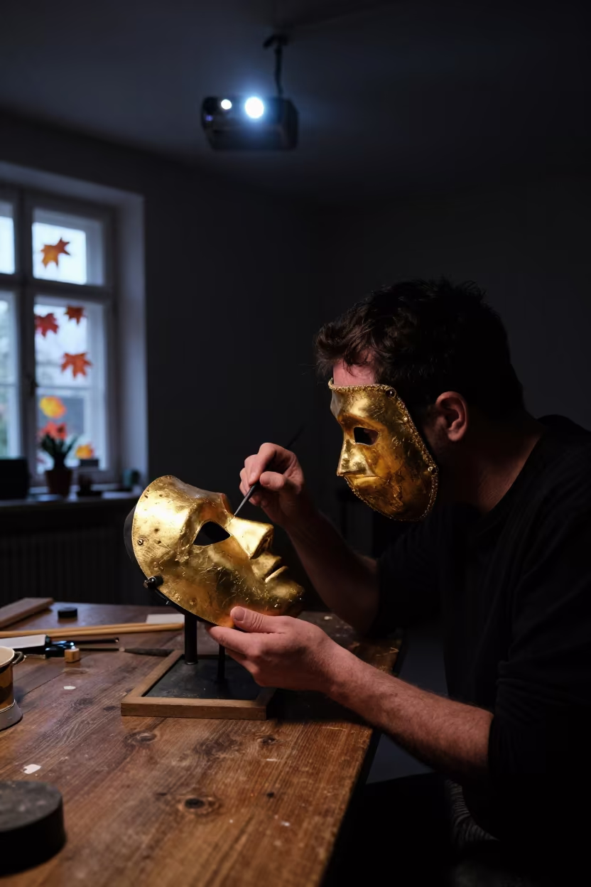 Venetian Mask Maker Gilds Plague Doctor Mask in in a rehearsal room in Venice