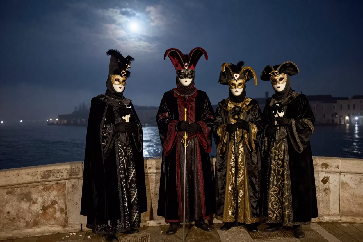 Venetian Masquerade on Misty Bridge in at a waterfront celebration near São Paulo