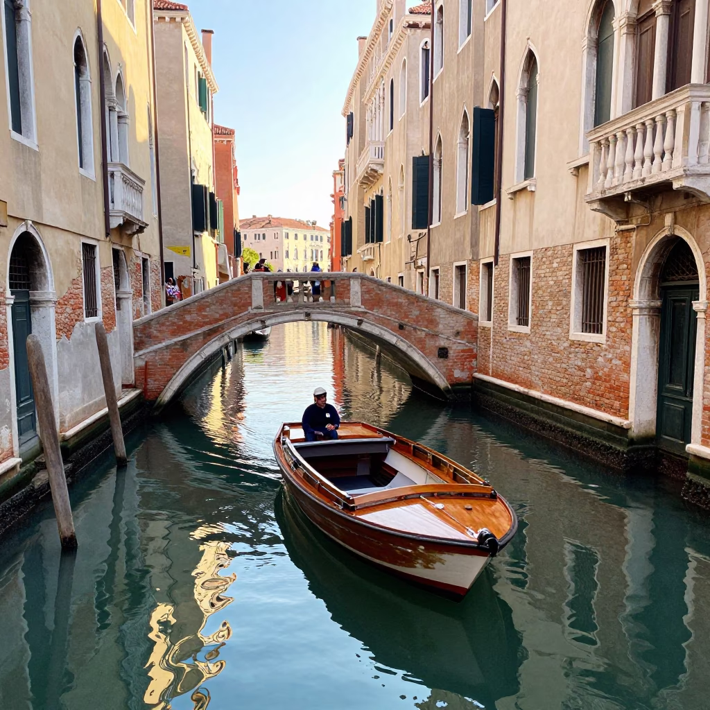 Venetian Morning Canal Scene with Local Boat and Historic Architecture in in Venice, Italy