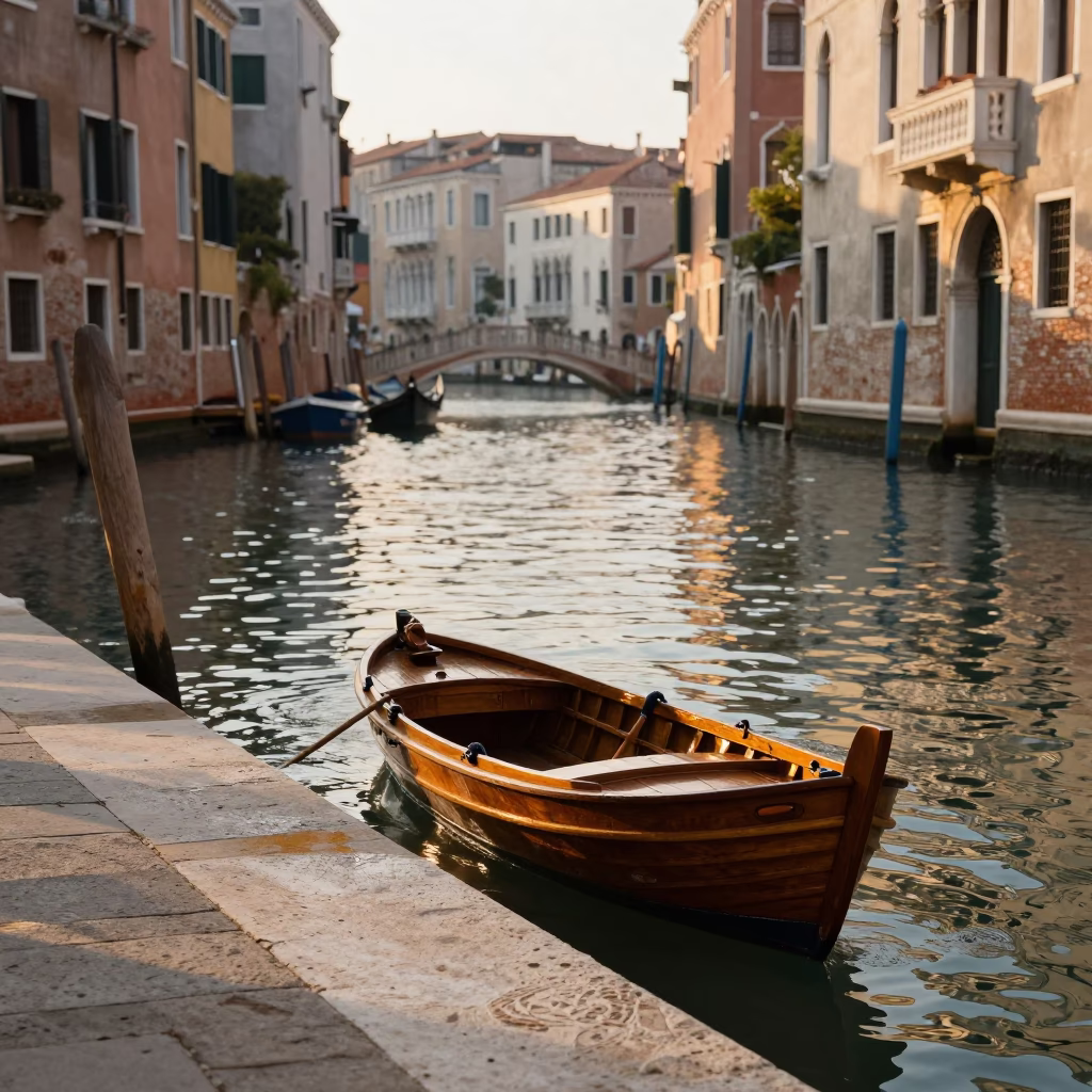 Venetian Morning Canal Scene with Model Ship and Traditional Barrels in in Venice, Italy