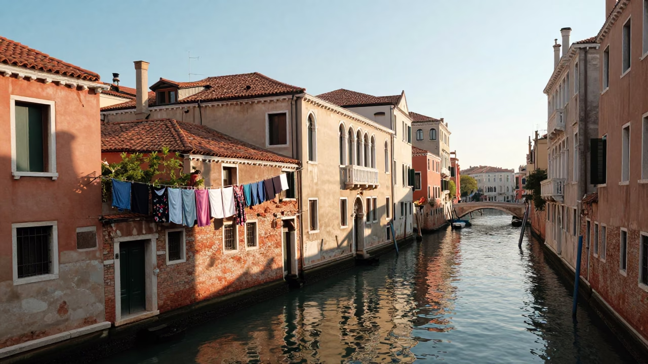 Venetian Morning Canalside Scene with Laundry and Glass Bottles in in Venice, Italy