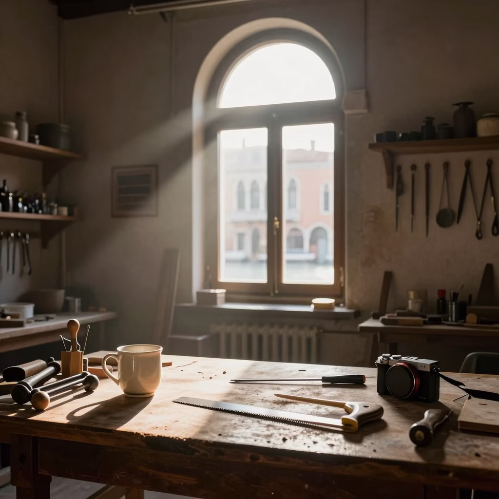 Venetian Morning Light Illuminates Old Workshop Tools and Ceramic Mugs in in Venice, Italy