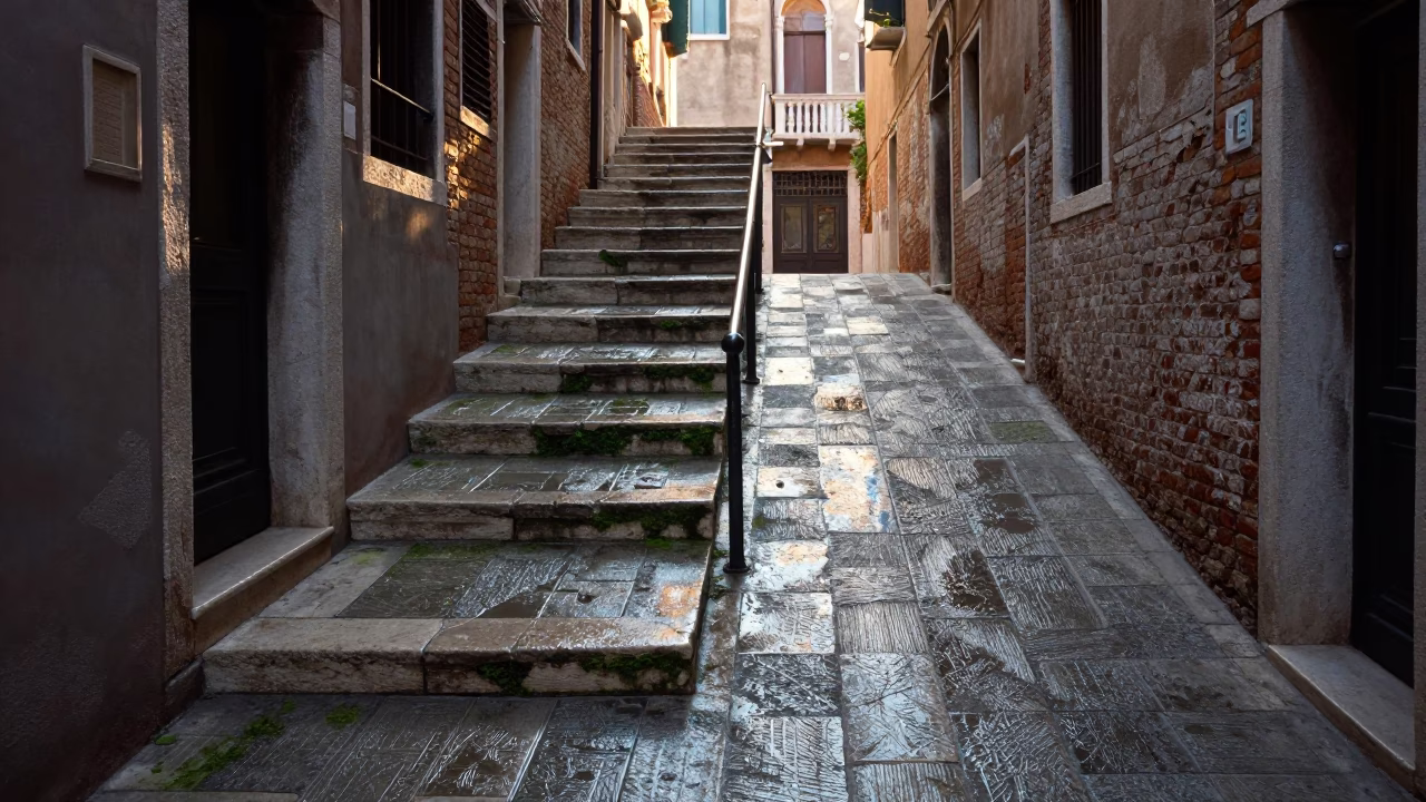 Venetian Morning Light Illuminates Weathered Staircase and Local Life in Venice Italy in in Venice, Italy
