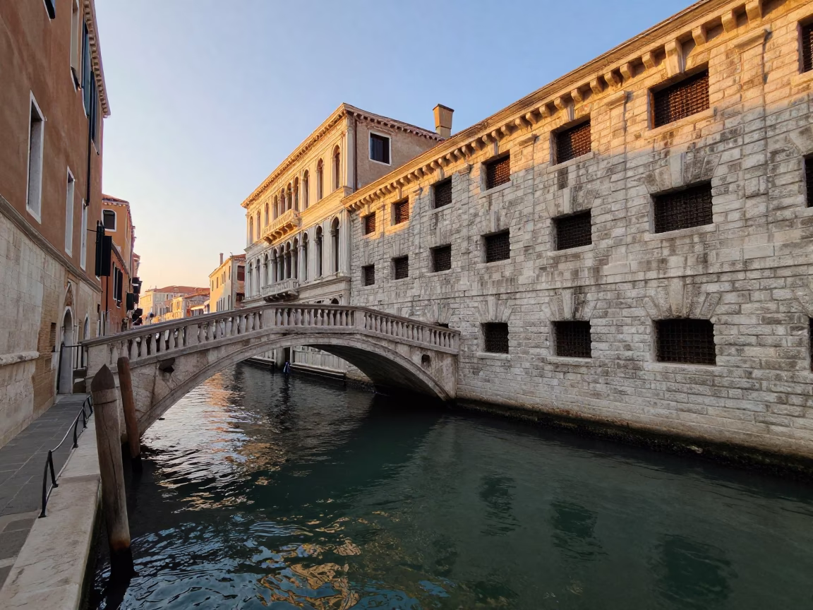 Venetian Morning Light on Historic Canal Bridge with Local Artisan Tools and Traditional Pastries in in Venice, Italy