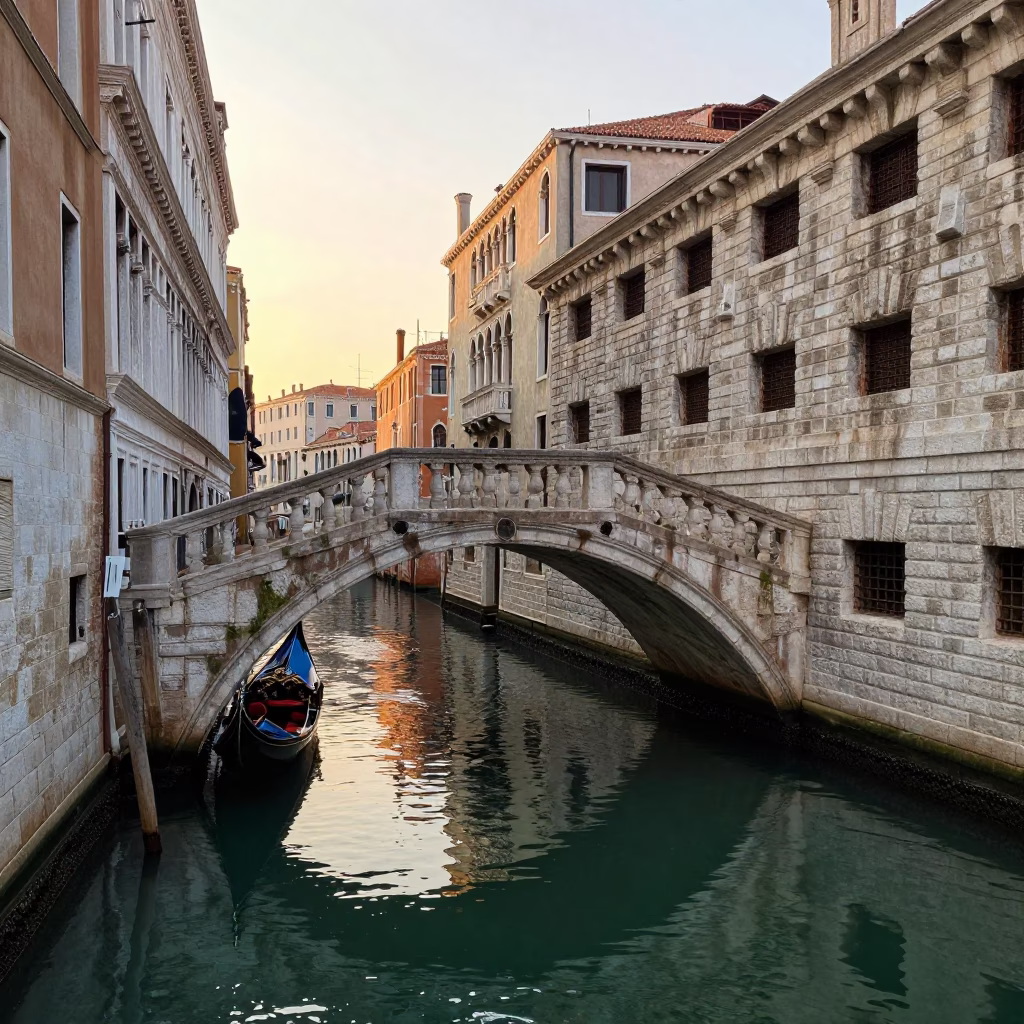 Venetian Morning Light on Historic Canal Bridge with Local Street Scene in in Venice, Italy