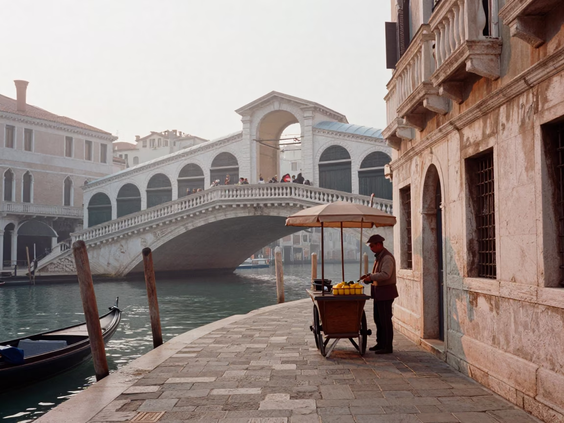 Venetian Morning Stroll Near Rialto Bridge with Antique Brass Scale and Fresh Peaches in in Venice, Italy
