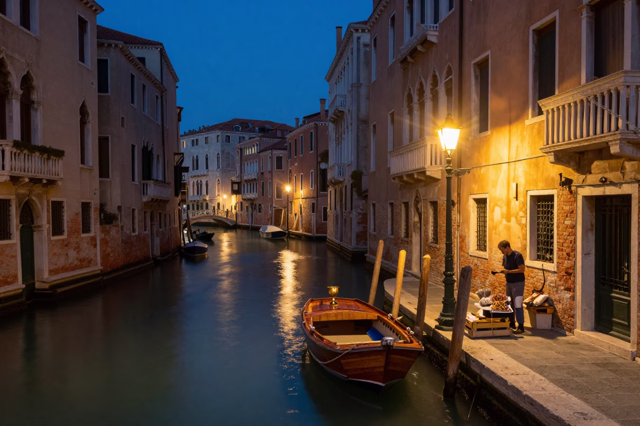 Venetian Night Canal Scene with Brass Cup and Wooden Tray at Dusk in in Venice, Italy