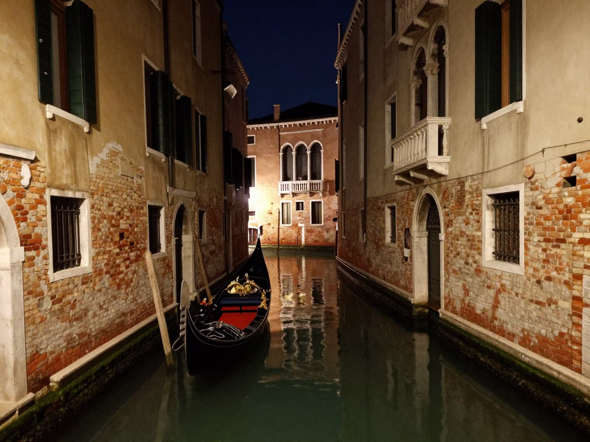 Venetian Night Canal View with Traditional Gondola Moored Near Historic Brick Buildings in in Venice, Italy