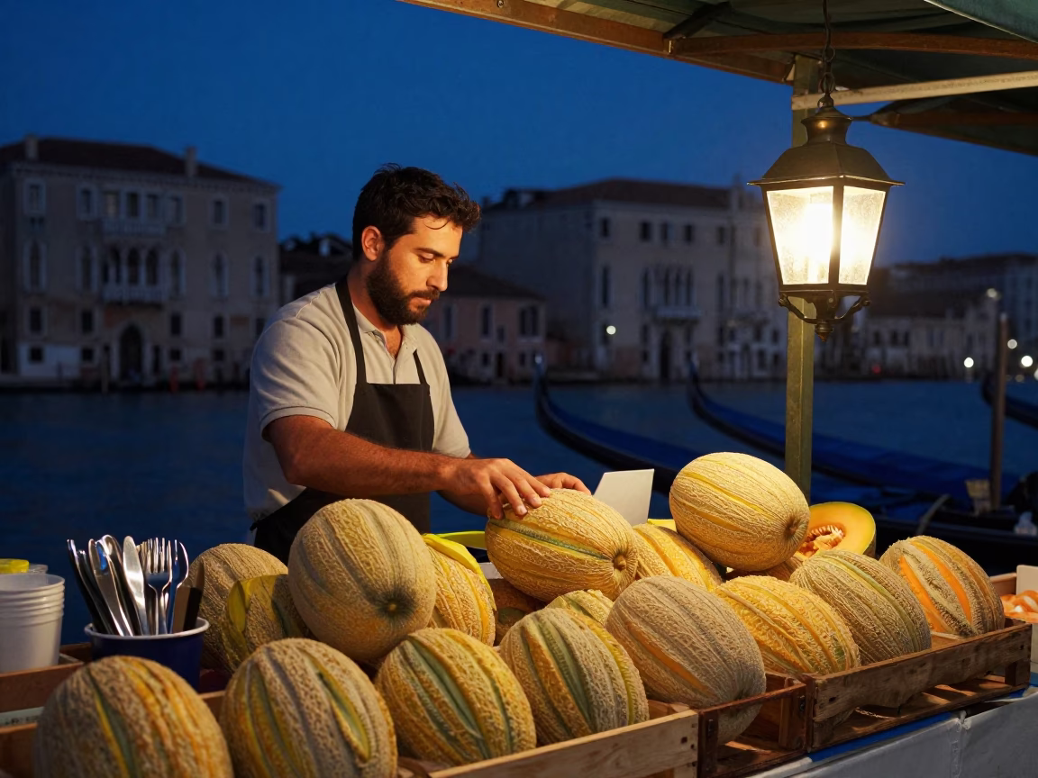 Venetian Night Market Stall with Melons and Cutlery Under Deep Night Sky in in Venice, Italy