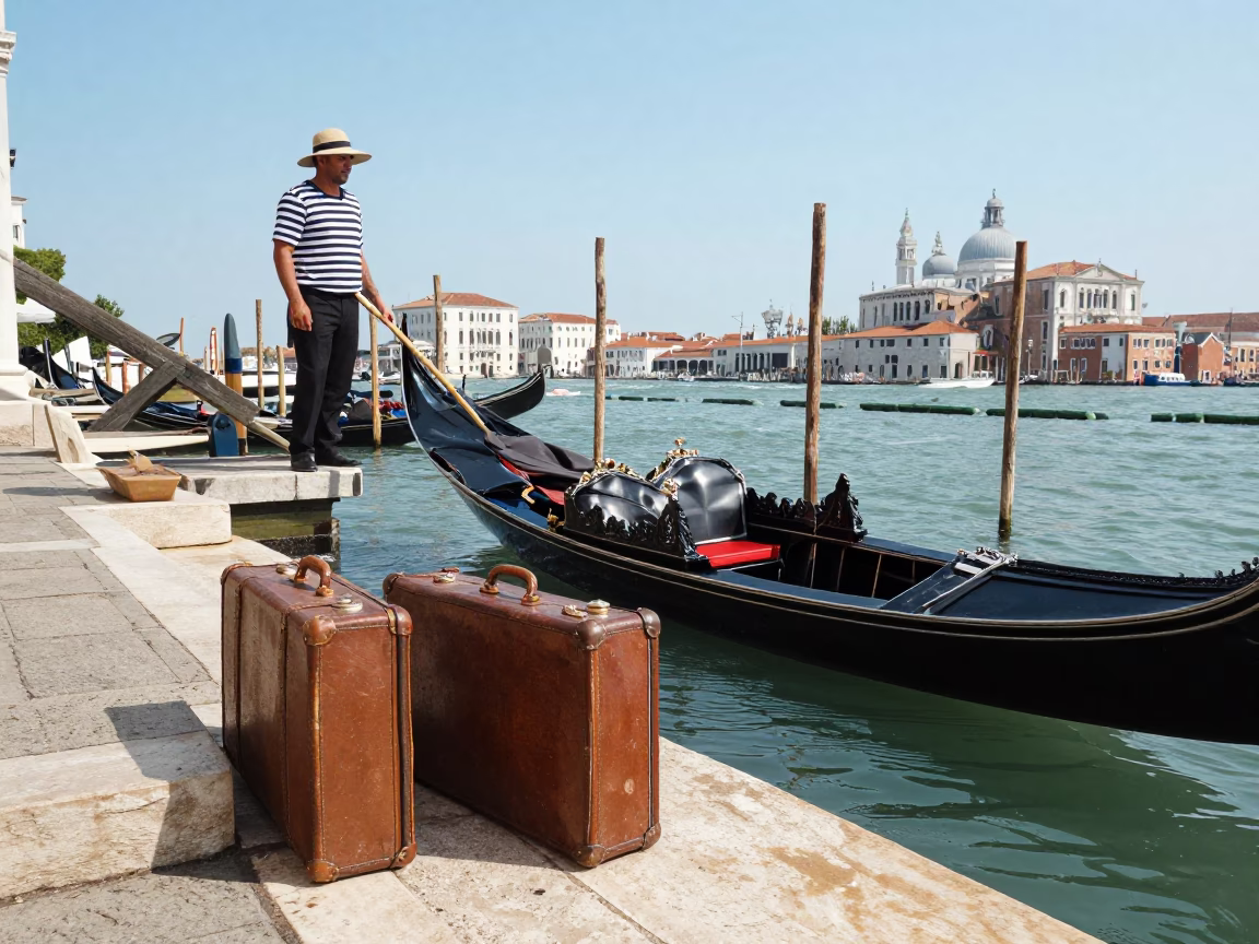 Venetian Noon Sun Hat and Suitcases Beside Striped Canal Gondola in in Venice, Italy