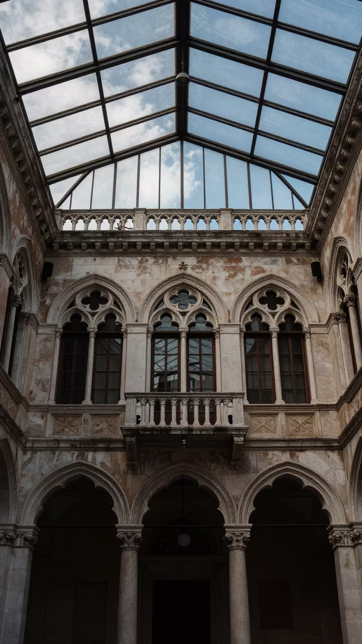 Venetian Palace Balcony Under Glass Arcade in inside a glass-roofed arcade in Curitiba