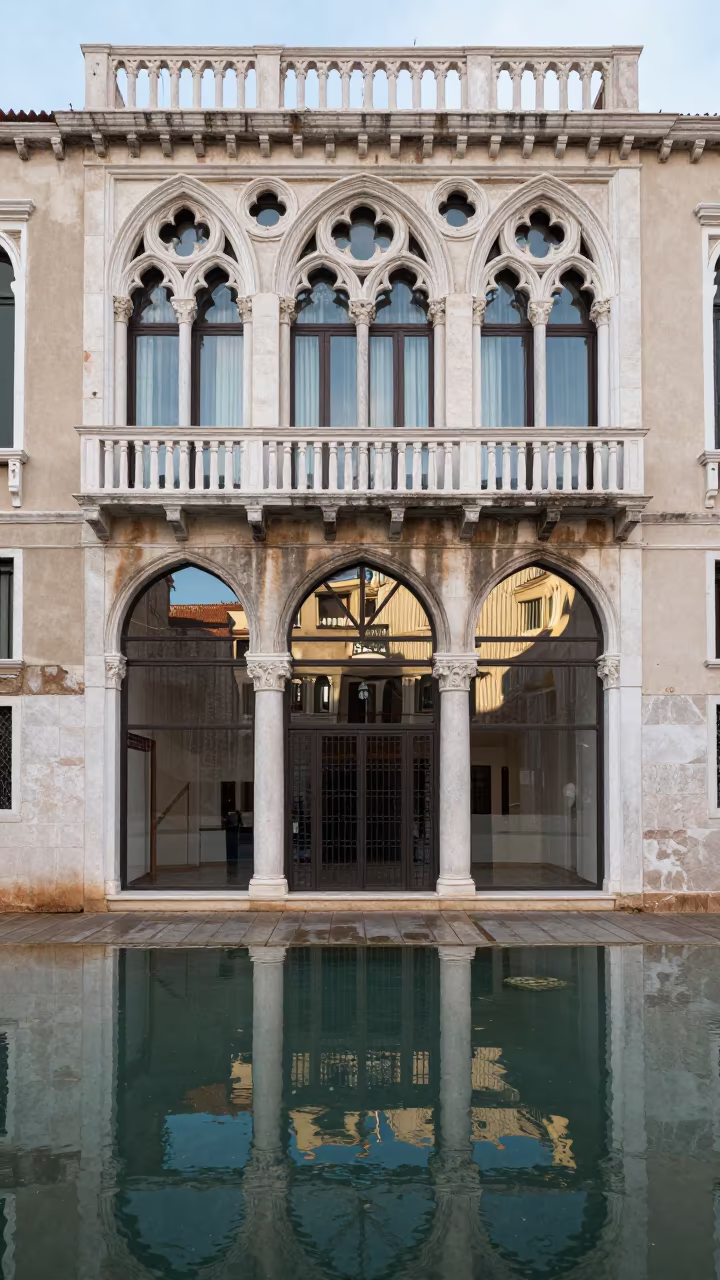 Venetian Palace Balcony Reflected in Algiers Lobby in inside a ribbed concrete lobby in Algiers