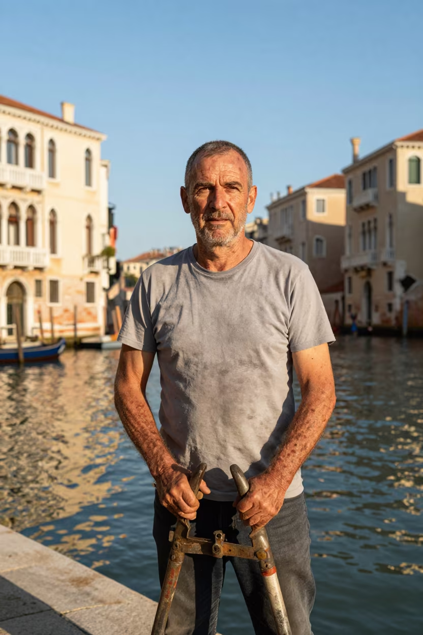 Venetian Pruner Portrait in Late Afternoon Light in beside a canal in Dorsoduro, Venice
