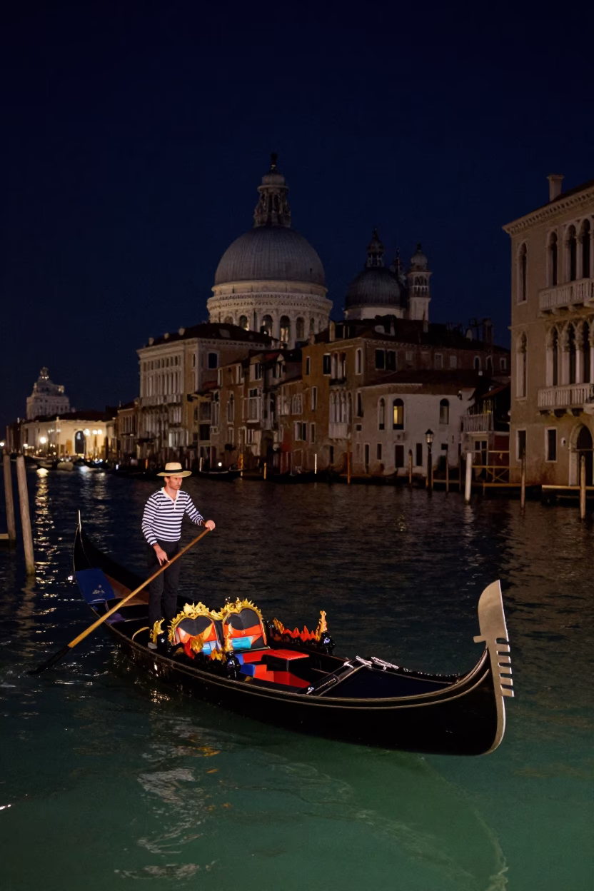 Venetian Regatta Grand Canal Night 1950s Gondoliers Historic Race in in Venice, Italy