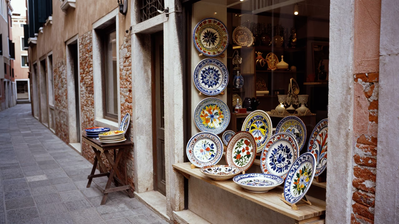 Venetian Shop Display Featuring Traditional Majolica Plates in Late Morning Light in in Venice, Italy