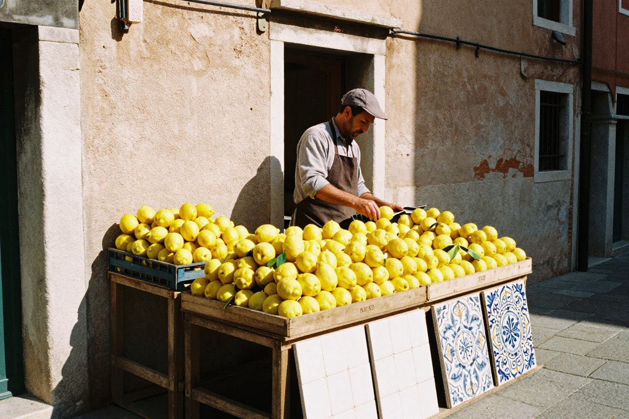 Venetian shopkeeper arranging lemons and ceramic tiles near sunlit canal in in Venice, Italy