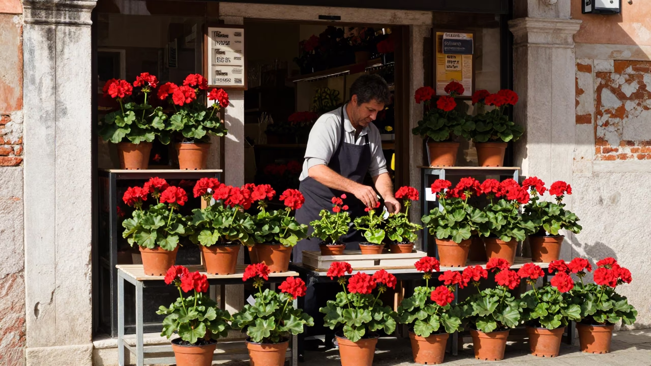 Venetian Shopkeeper Arranging Potted Geraniums Under Flat Noon Light in in Venice, Italy