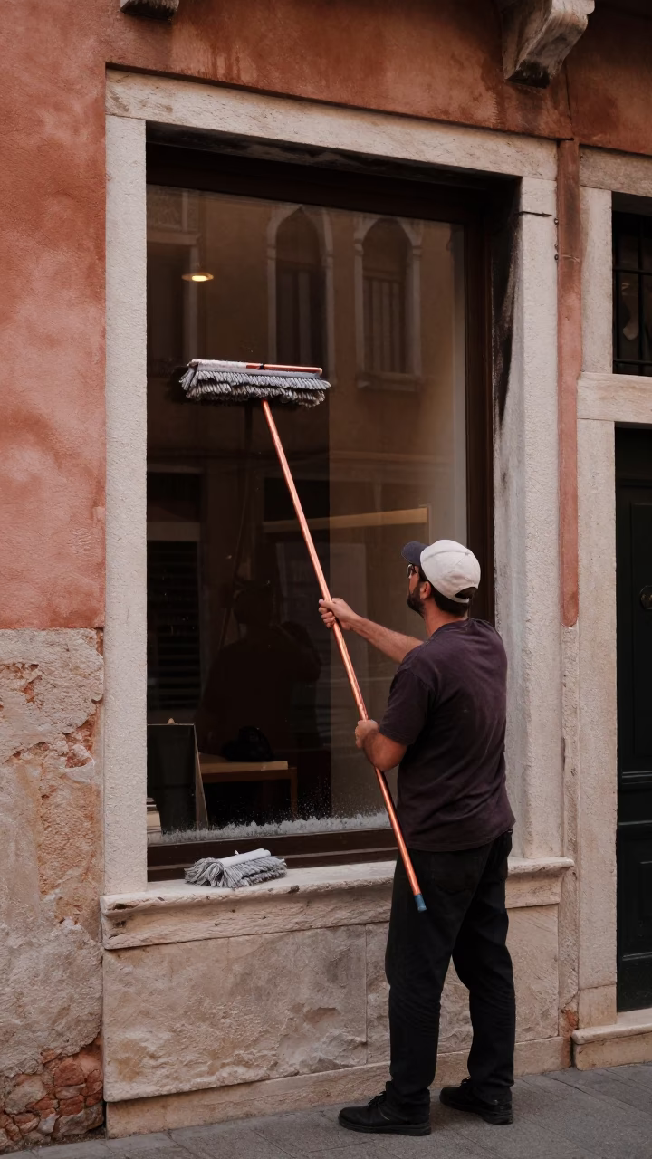 Venetian Shopkeeper Cleaning Windows with Mops in Copper Dusk Light in in Venice, Italy