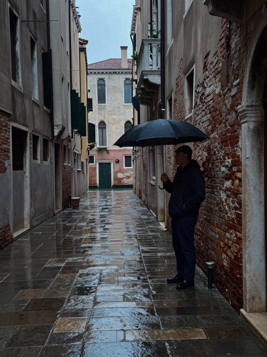 Venetian Street Dusk Rain Slippery Cobblestones and Umbrella in in Venice, Italy