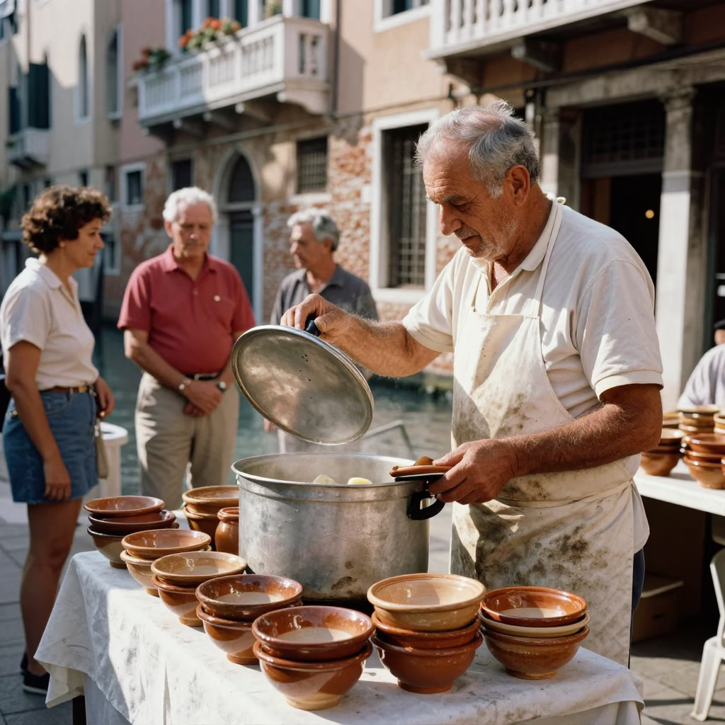 Venetian street food vendor serving ceramic bowls of pasta near historic canal bridge in in Venice, Italy