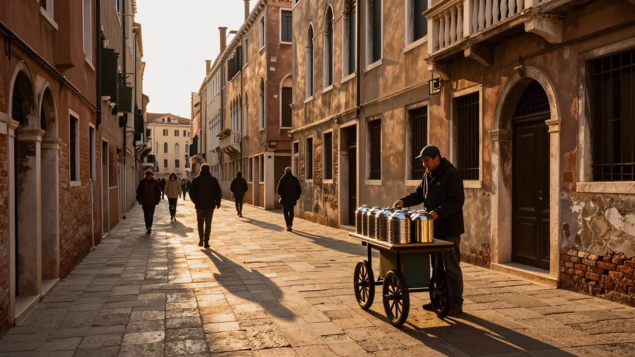 Venetian Street Scene in Honeyed Evening Light with Canisters and Local Activity in in Venice, Italy