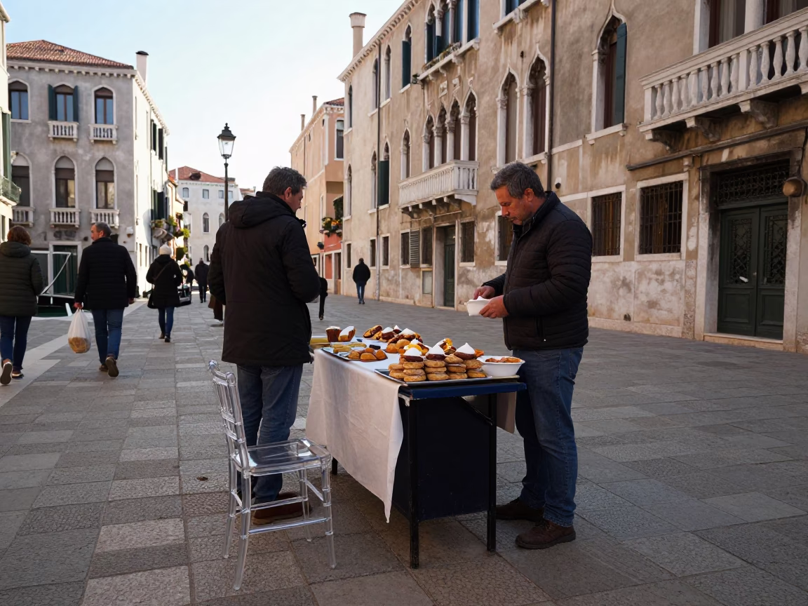 Venetian Street Scene Late Morning with Pastries and Glass Furniture in in Venice, Italy