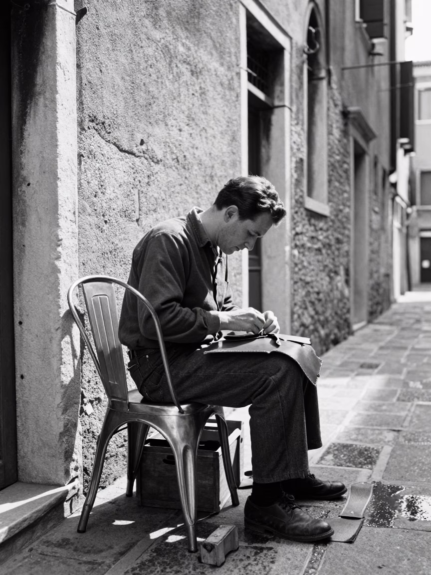Venetian street scene midday with brushed steel chair rung and seam ripper in in Venice, Italy