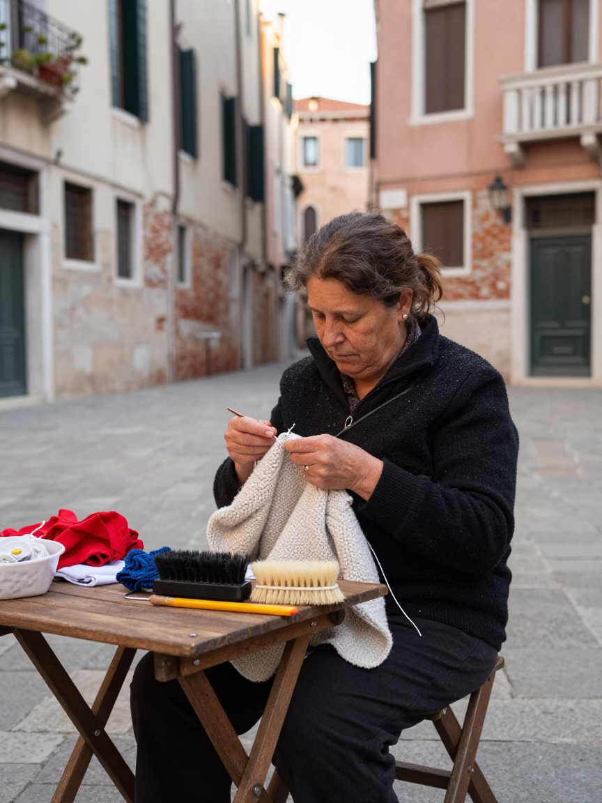Venetian Street Scene with Crochet Hook and Clothes Brush in Early Afternoon Light in in Venice, Italy